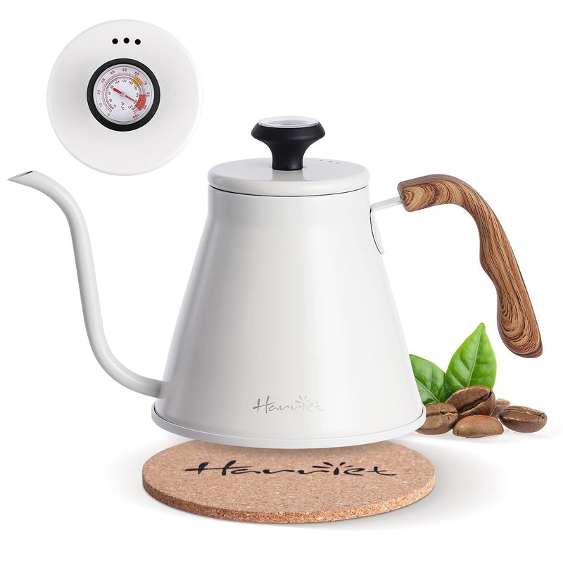 harriet Gooseneck Kettle for Stove Top  37oz (1.1L) Stainless Steel Pour Over Coffee Kettle with Thermometer  Anti-Hot Handle  Flow Spout Design For Drip Coffee  White - Image 1